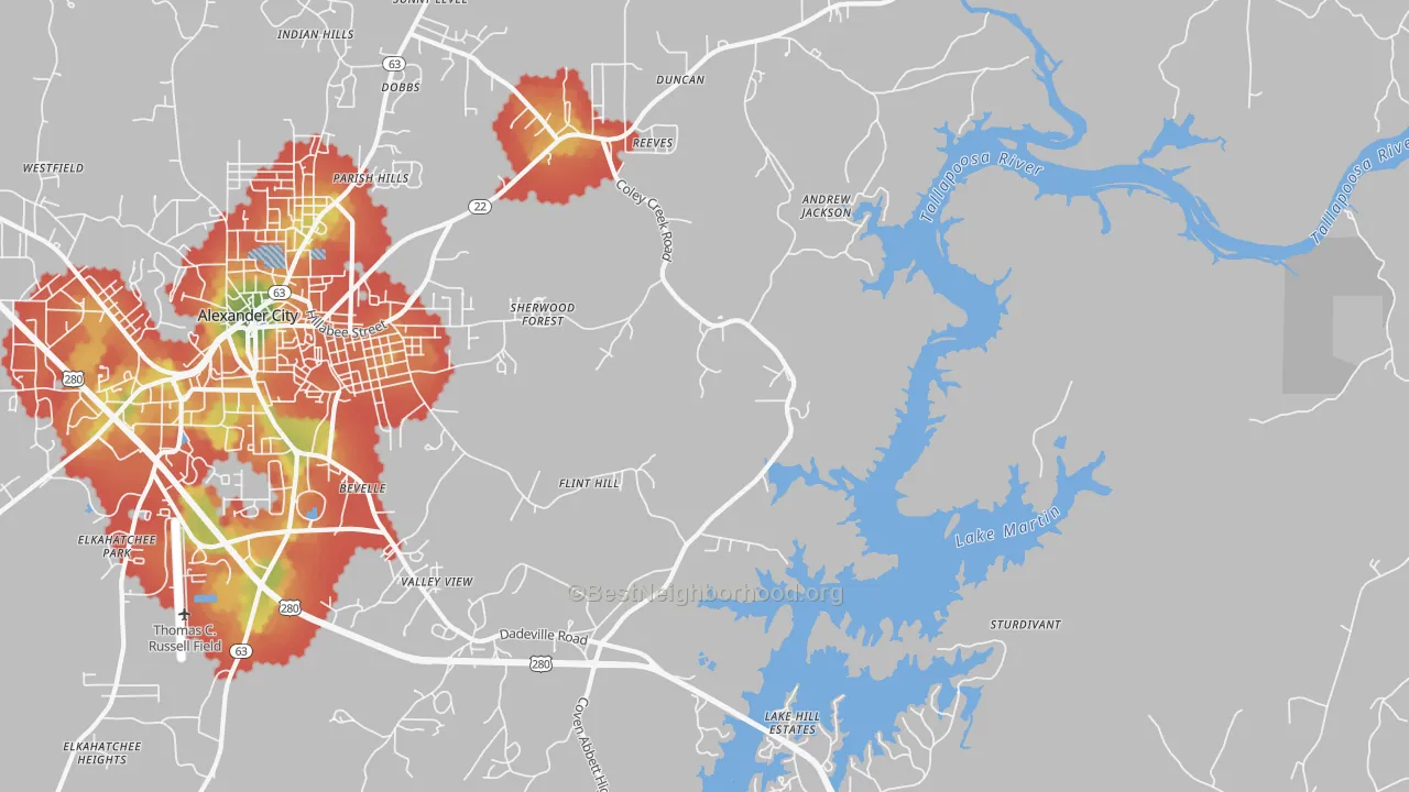 Walk Grade map of Bevelle, AL, walkable areas in green and car-dependent areas in red