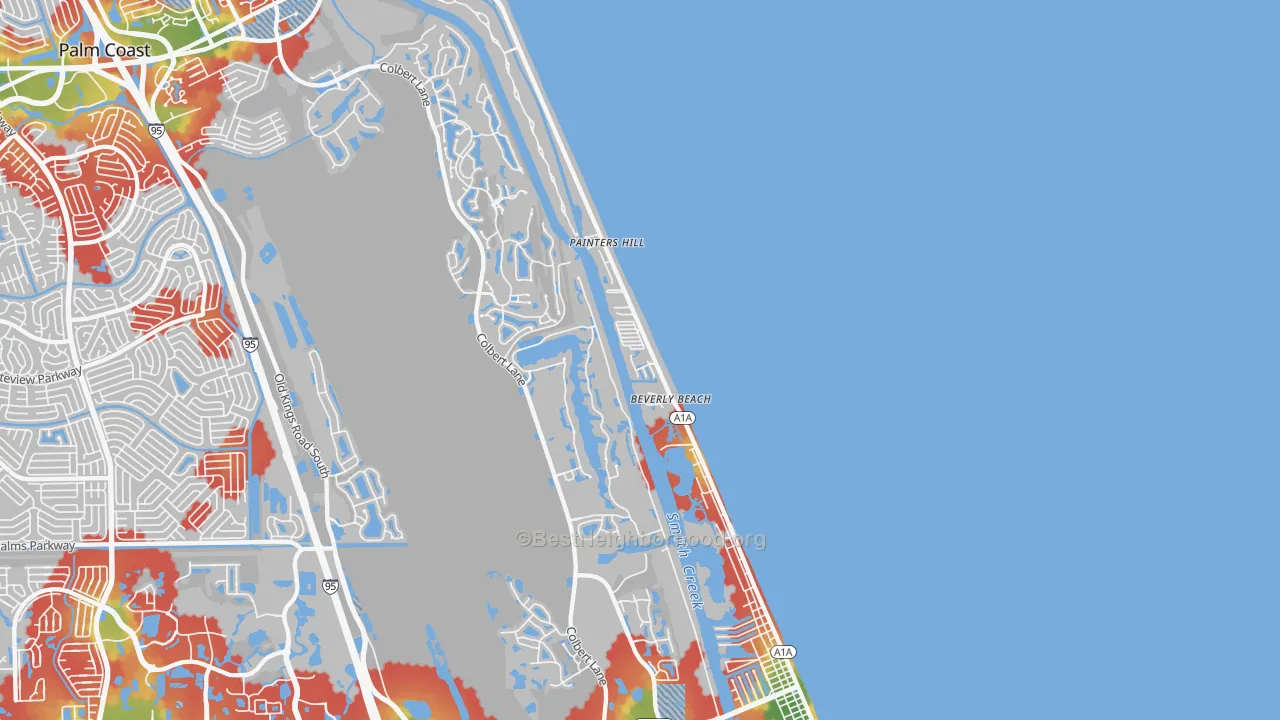 Walk Grade map of Beverly Beach, FL, walkable areas in green and car-dependent areas in red