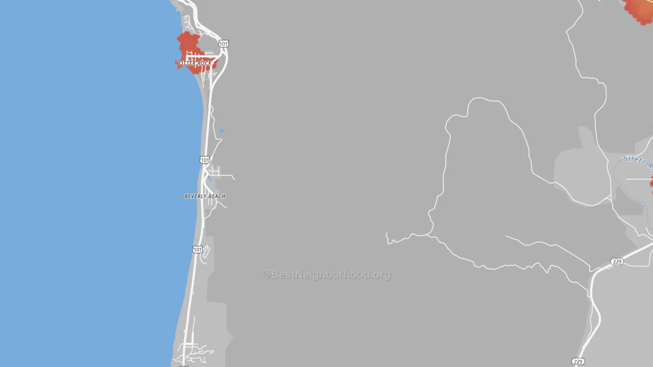 Walk Grade map of Beverly Beach, OR, walkable areas in green and car-dependent areas in red