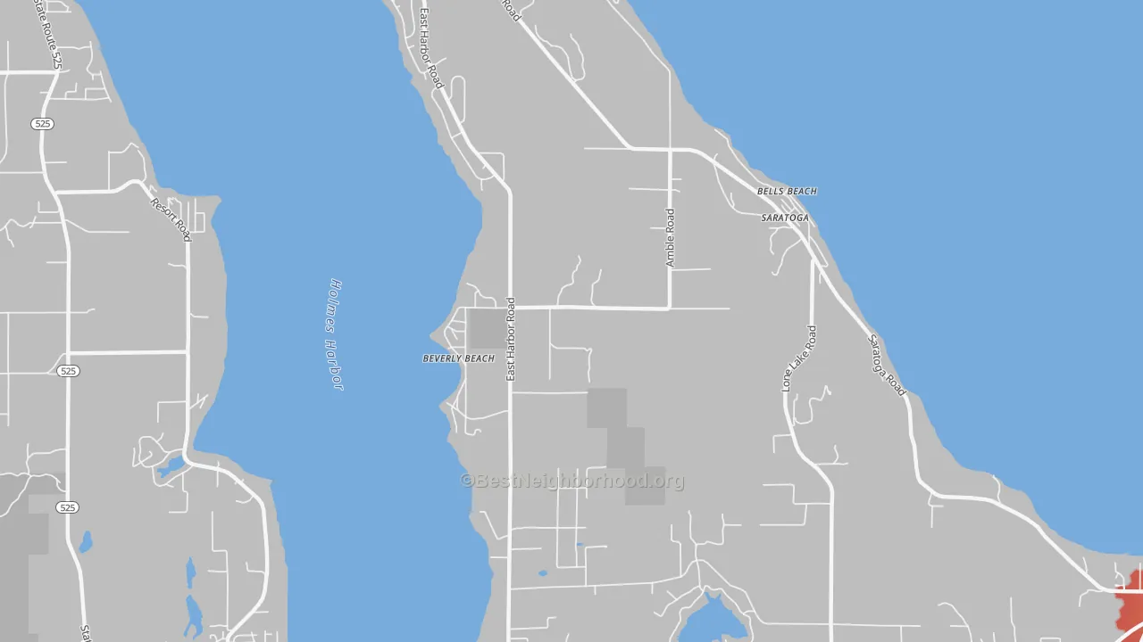 Walk Grade map of Beverly Beach, WA, walkable areas in green and car-dependent areas in red
