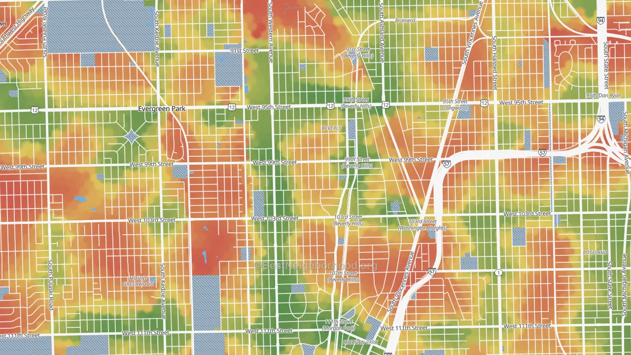 Walk Grade map of Beverly, Chicago, IL, walkable areas in green and car-dependent areas in red