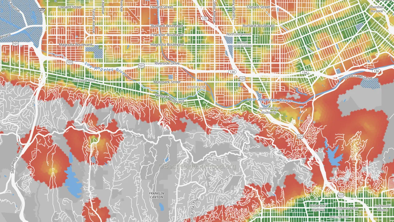 Walk Grade map of Beverly Glen, Studio City, CA, walkable areas in green and car-dependent areas in red