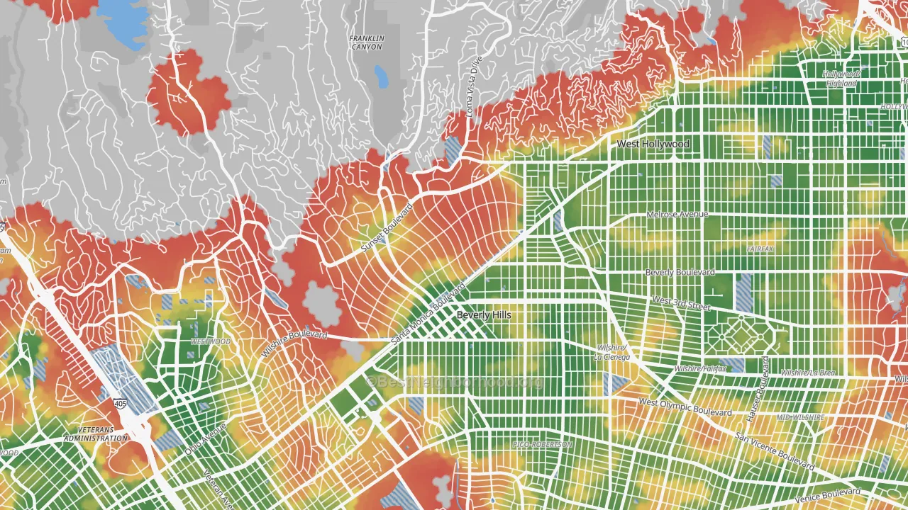 Walk Grade map of Beverly Hills, CA, walkable areas in green and car-dependent areas in red