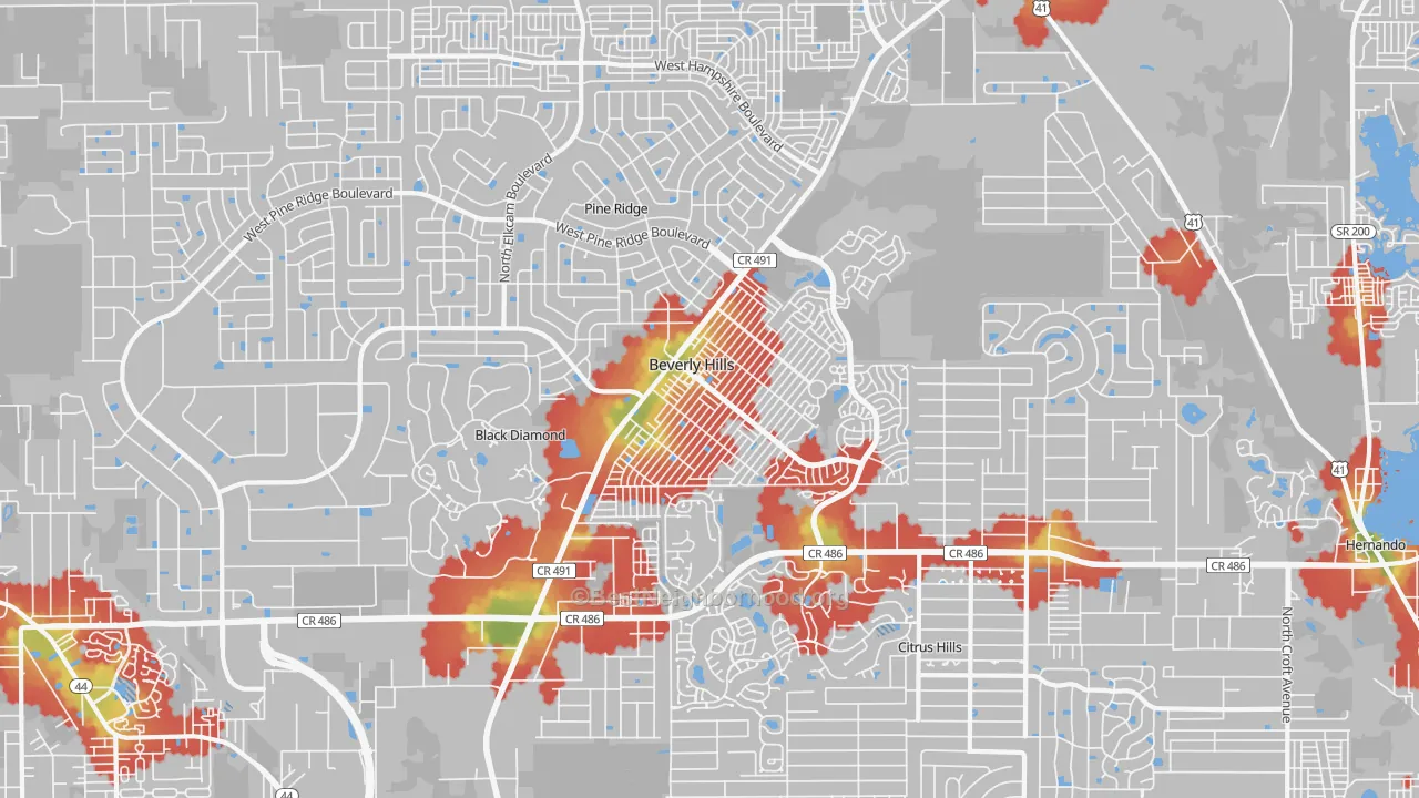 Walk Grade map of Beverly Hills, FL, walkable areas in green and car-dependent areas in red