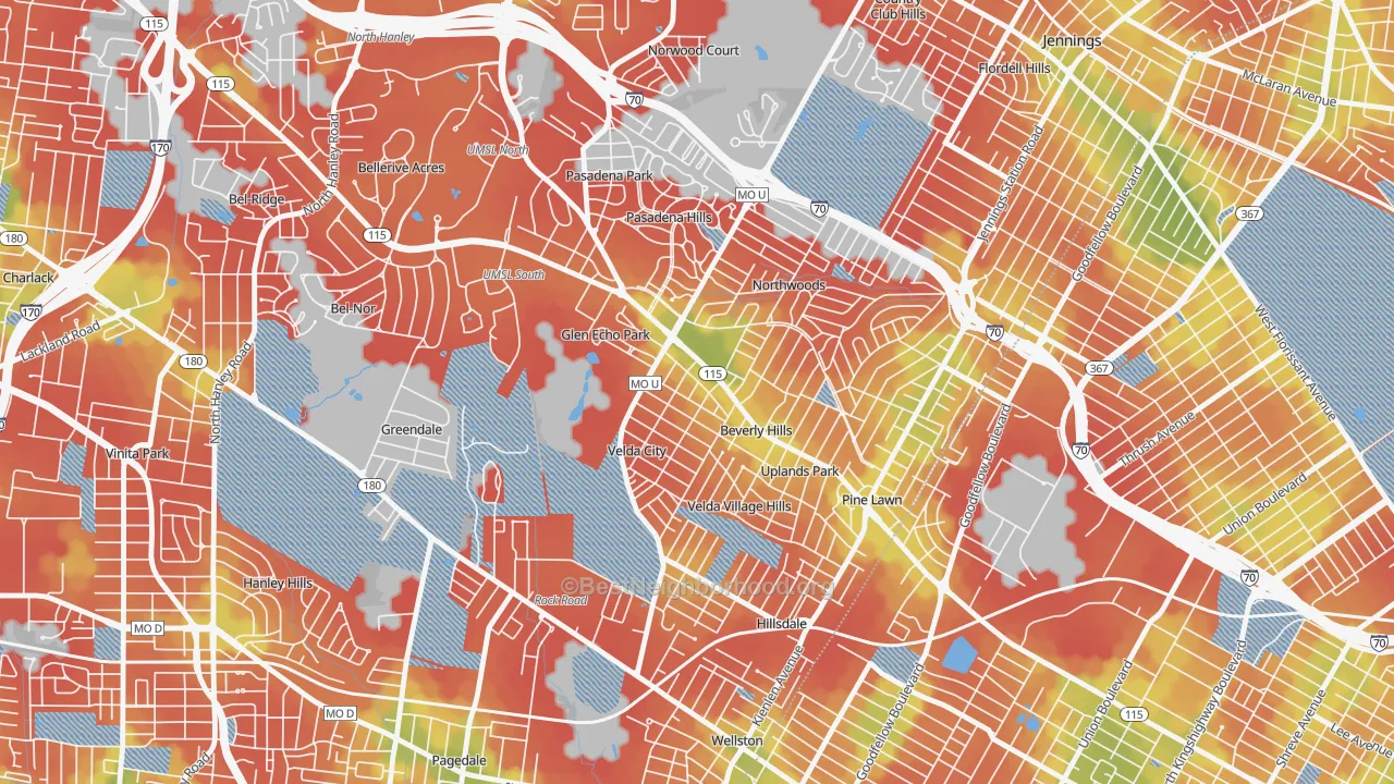 Walk Grade map of Beverly Hills, MO, walkable areas in green and car-dependent areas in red