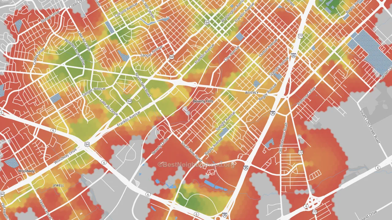 Walk Grade map of Beverly Hills, TX, walkable areas in green and car-dependent areas in red