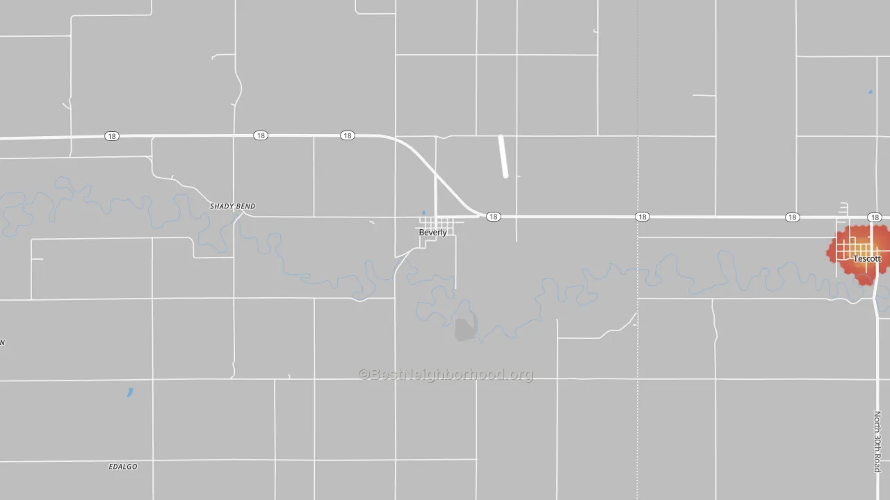 Walk Grade map of Beverly, KS, walkable areas in green and car-dependent areas in red