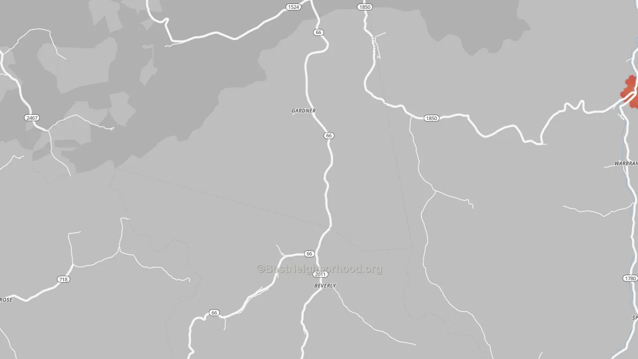 Walk Grade map of Beverly, KY, walkable areas in green and car-dependent areas in red