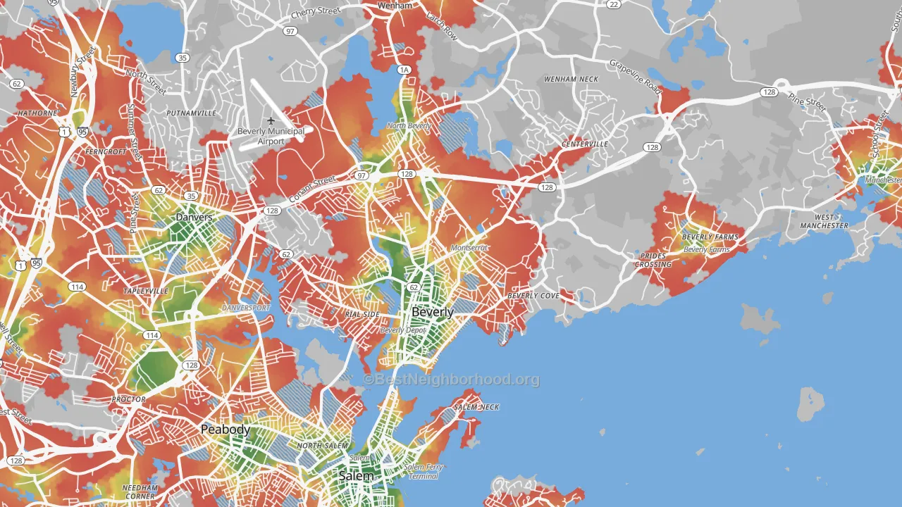 Walk Grade map of Beverly, MA, walkable areas in green and car-dependent areas in red
