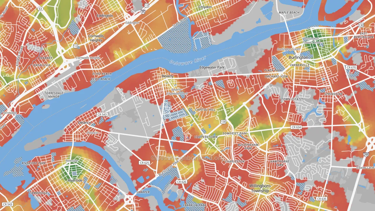 Walk Grade map of Beverly, NJ, walkable areas in green and car-dependent areas in red