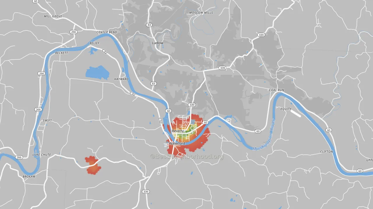Walk Grade map of Beverly, OH, walkable areas in green and car-dependent areas in red