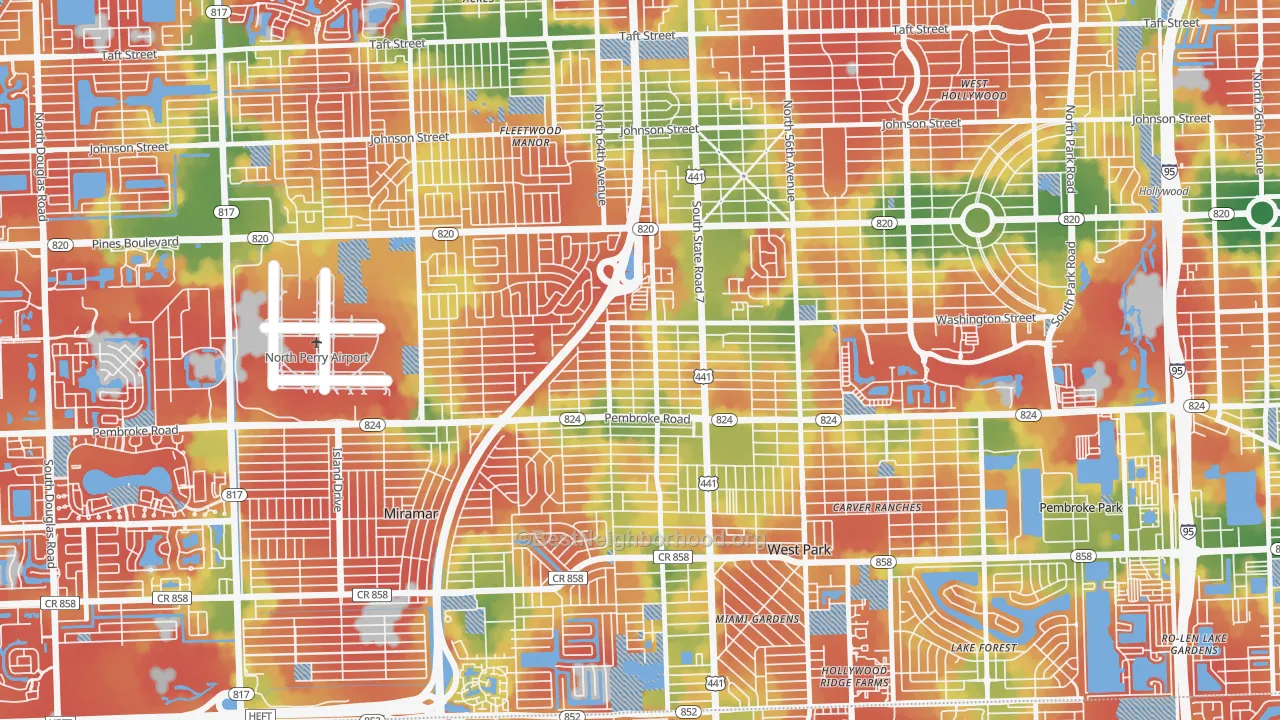 Walk Grade map of Beverly Park, Hollywood, FL, walkable areas in green and car-dependent areas in red