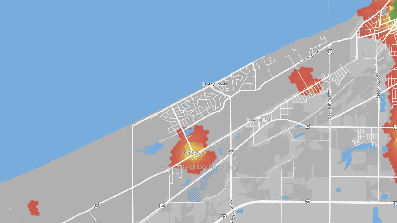 Walk Grade map of Beverly Shores, IN, walkable areas in green and car-dependent areas in red