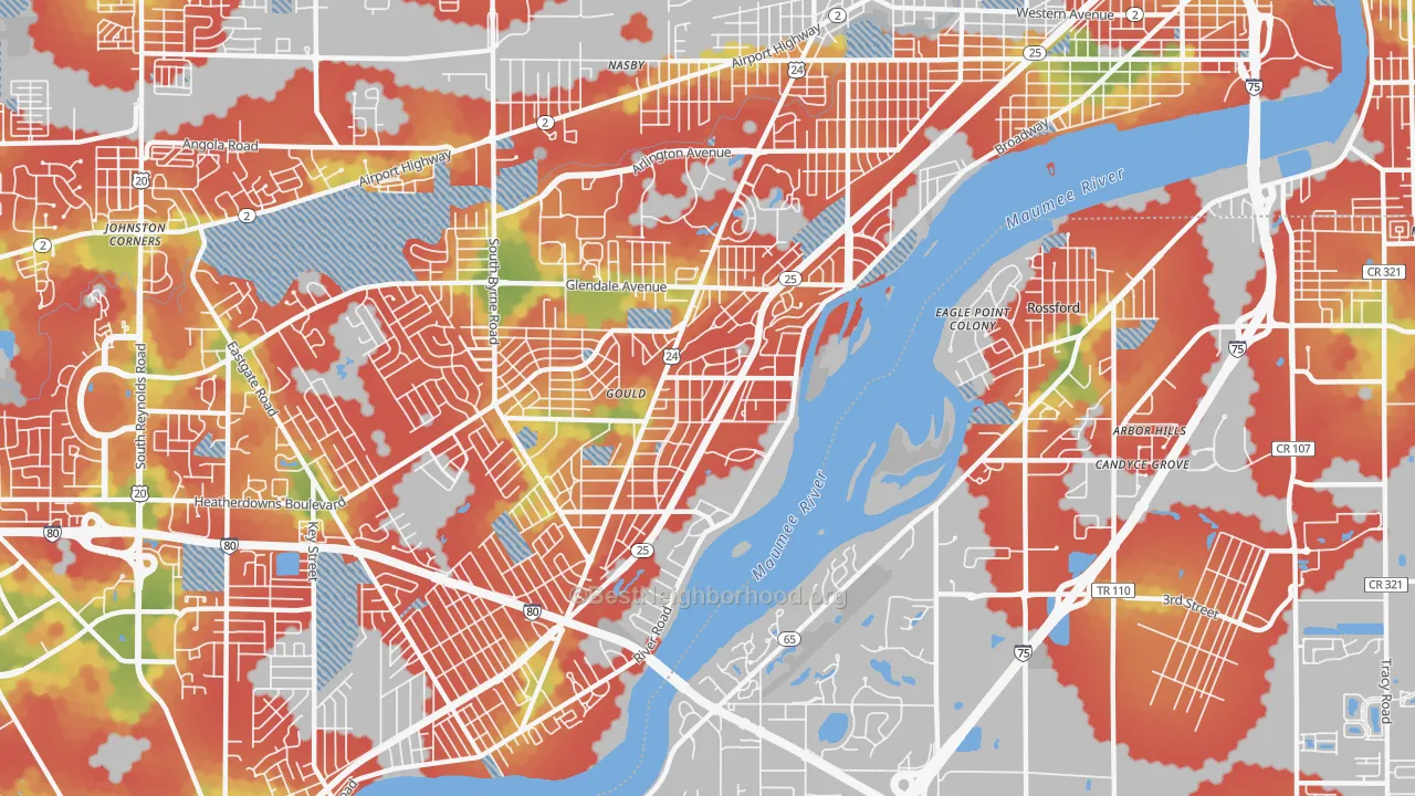 Walk Grade map of Beverly, Toledo, OH, walkable areas in green and car-dependent areas in red