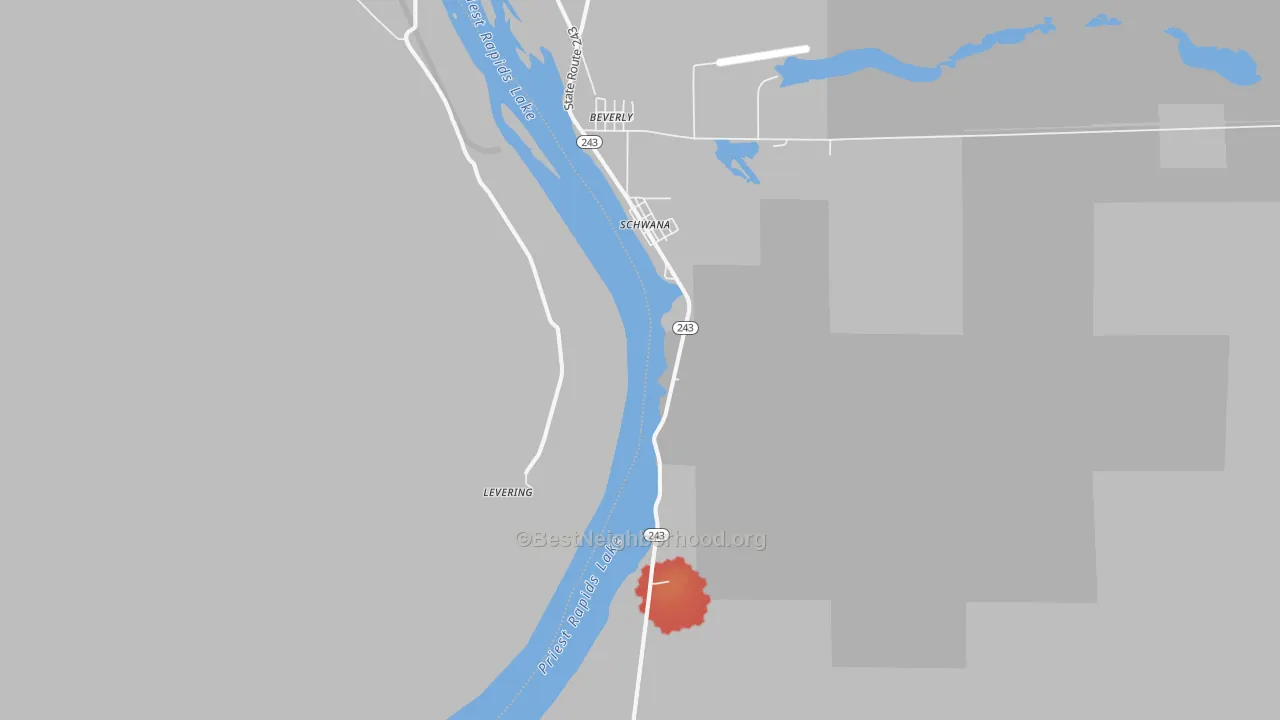 Walk Grade map of Beverly, WA, walkable areas in green and car-dependent areas in red