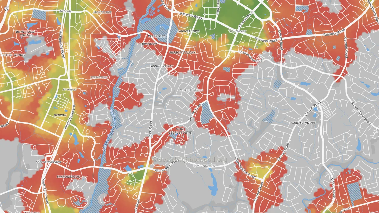 Walk Grade map of Beverly Woods, Charlotte, NC, walkable areas in green and car-dependent areas in red