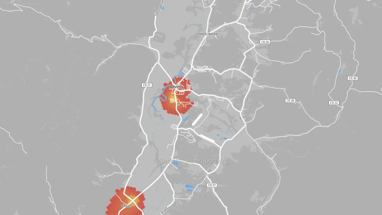Walk Grade map of Beverly, WV, walkable areas in green and car-dependent areas in red
