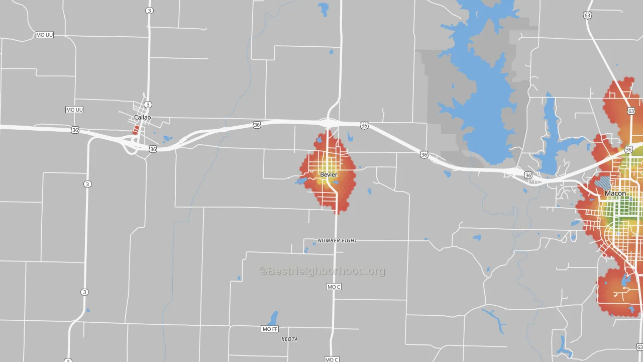 Walk Grade map of Bevier, MO, walkable areas in green and car-dependent areas in red