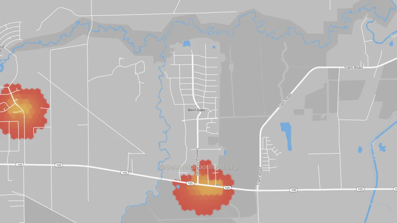 Walk Grade map of Bevil Oaks, TX, walkable areas in green and car-dependent areas in red