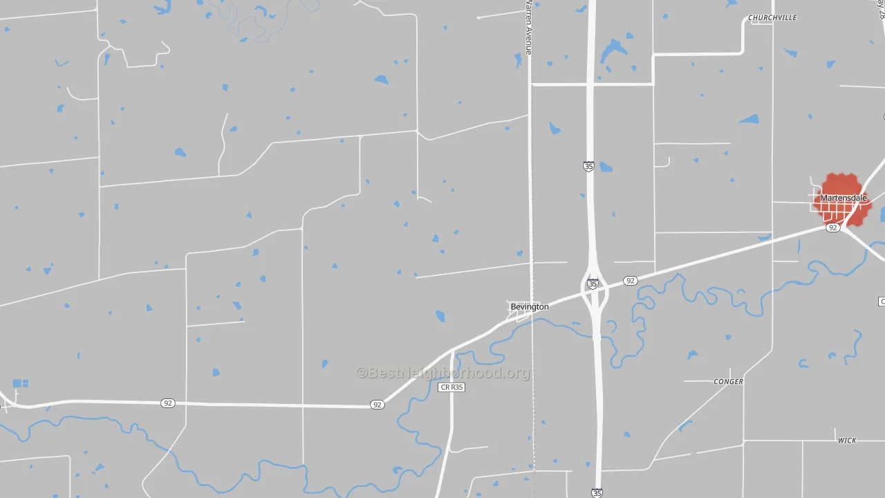 Walk Grade map of Bevington, IA, walkable areas in green and car-dependent areas in red