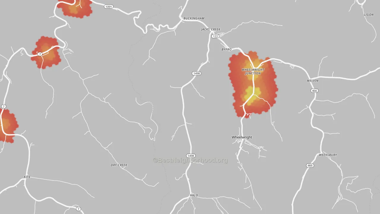 Walk Grade map of Bevinsville, KY, walkable areas in green and car-dependent areas in red