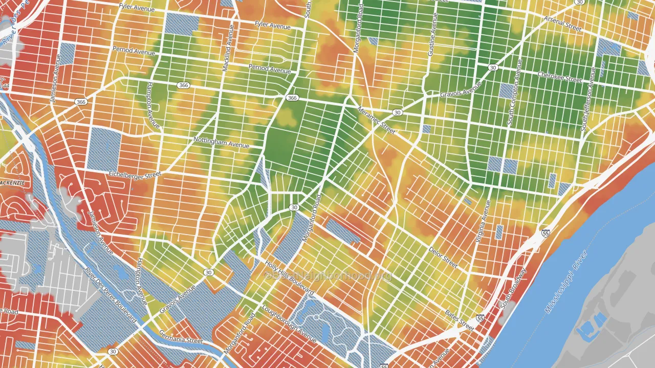 Walk Grade map of Bevo Mill, St. Louis, MO, walkable areas in green and car-dependent areas in red
