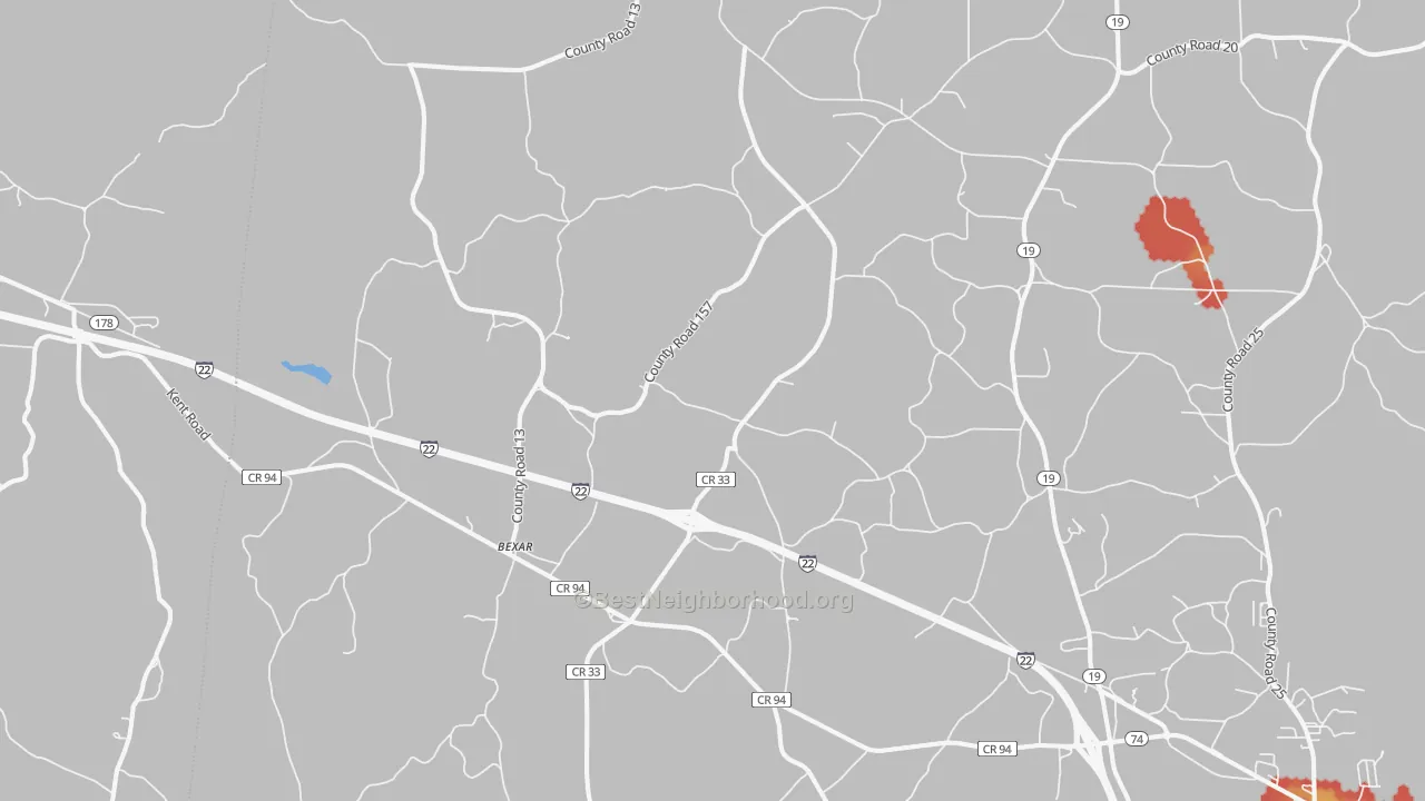 Walk Grade map of Bexar, AL, walkable areas in green and car-dependent areas in red