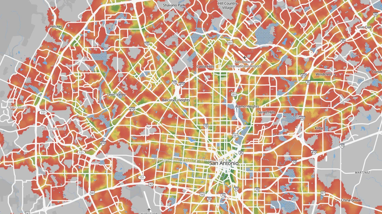 Walk Grade map of Bexar County, TX, walkable areas in green and car-dependent areas in red