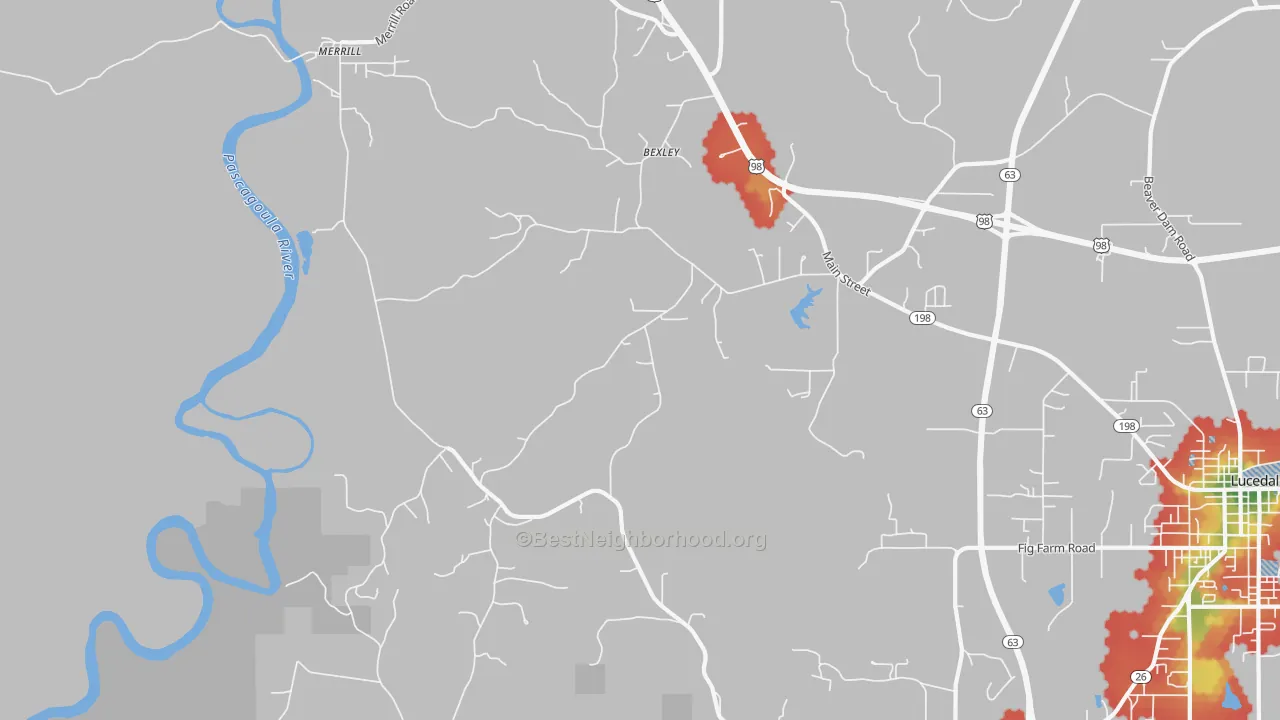 Walk Grade map of Bexley, MS, walkable areas in green and car-dependent areas in red