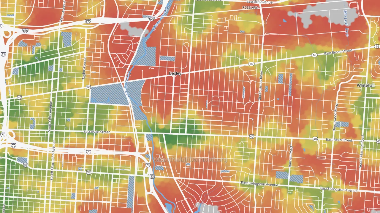 Walk Grade map of Bexley, OH, walkable areas in green and car-dependent areas in red