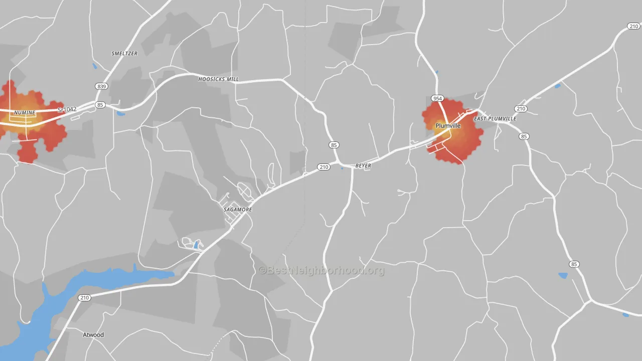 Walk Grade map of Beyer, PA, walkable areas in green and car-dependent areas in red
