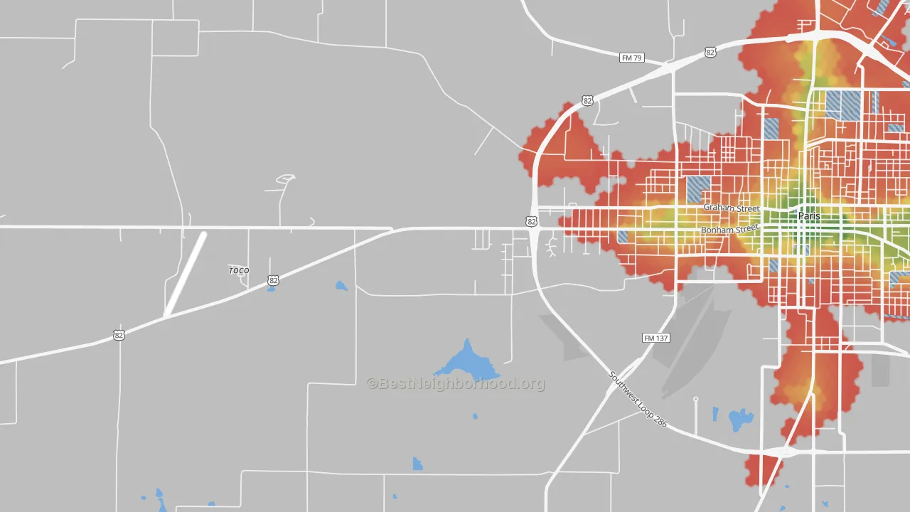 Walk Grade map of Biardstown, TX, walkable areas in green and car-dependent areas in red