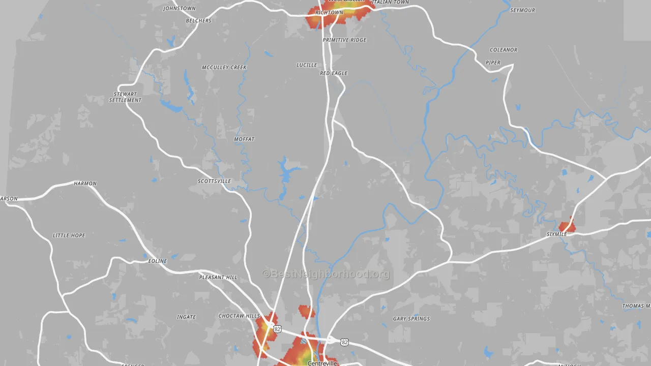Walk Grade map of Bibb County, AL, walkable areas in green and car-dependent areas in red