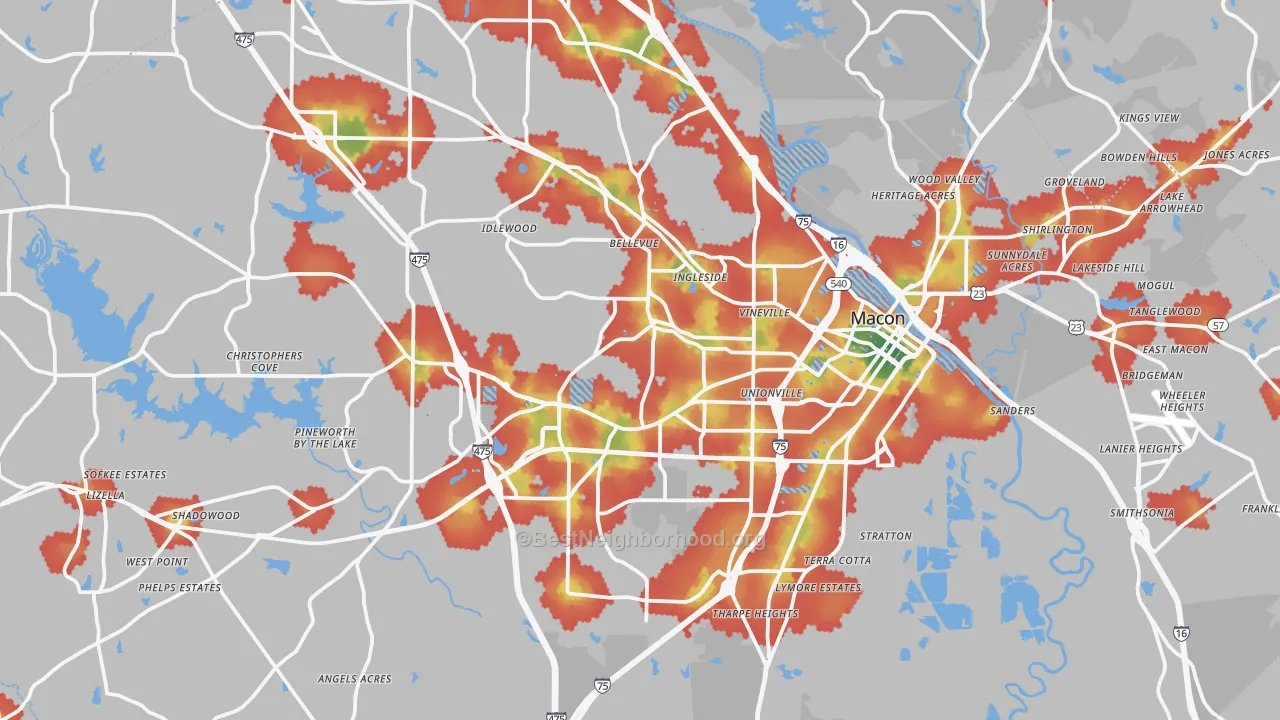 Walk Grade map of Bibb County, GA, walkable areas in green and car-dependent areas in red