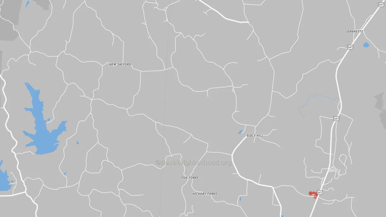Walk Grade map of Bible Hill, TN, walkable areas in green and car-dependent areas in red