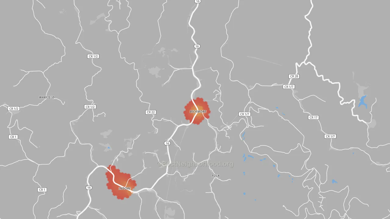 Walk Grade map of Bickmore, WV, walkable areas in green and car-dependent areas in red