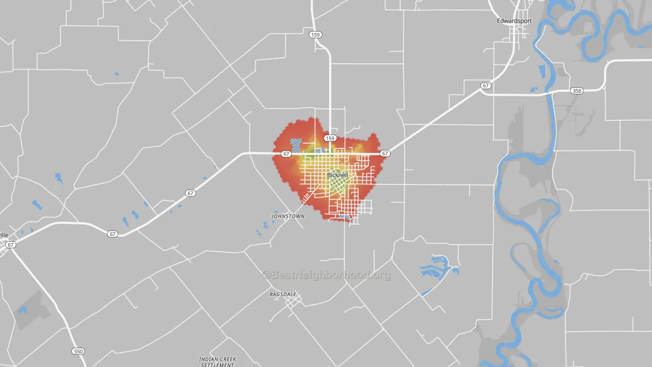 Walk Grade map of Bicknell, IN, walkable areas in green and car-dependent areas in red