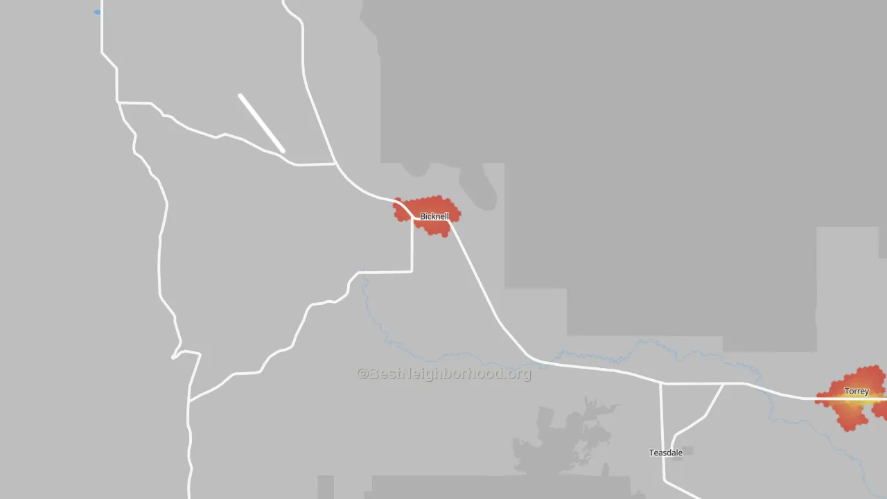 Walk Grade map of Bicknell, UT, walkable areas in green and car-dependent areas in red