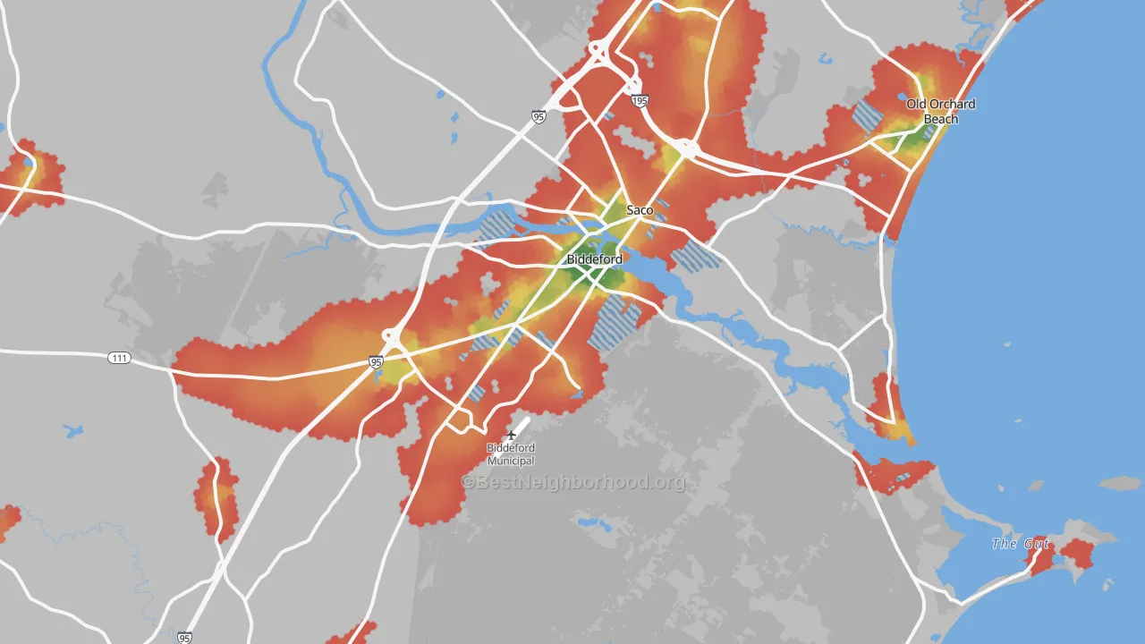 Walk Grade map of Biddeford, ME, walkable areas in green and car-dependent areas in red