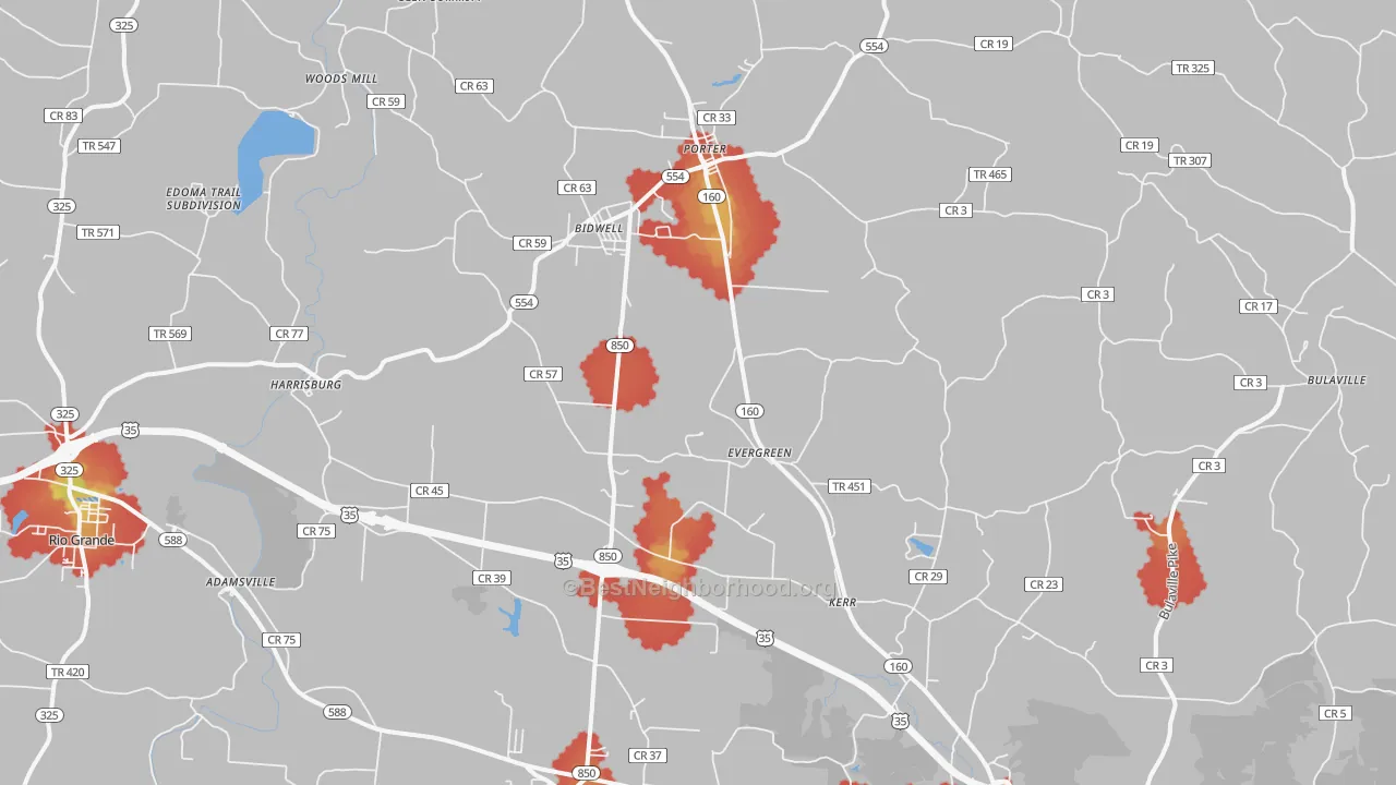 Walk Grade map of Bidwell, OH, walkable areas in green and car-dependent areas in red
