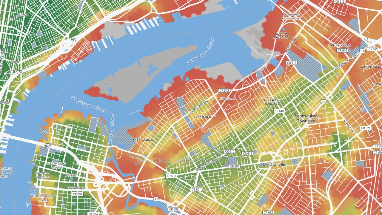 Walk Grade map of Biedeman, Camden, NJ, walkable areas in green and car-dependent areas in red