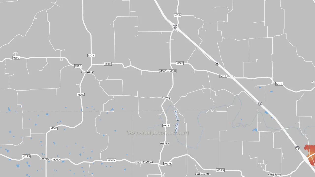 Walk Grade map of Biehle, MO, walkable areas in green and car-dependent areas in red