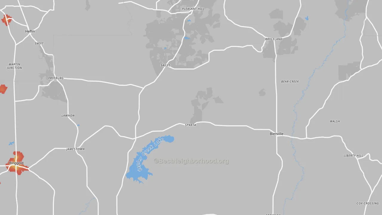 Walk Grade map of Bienville Parish, LA, walkable areas in green and car-dependent areas in red