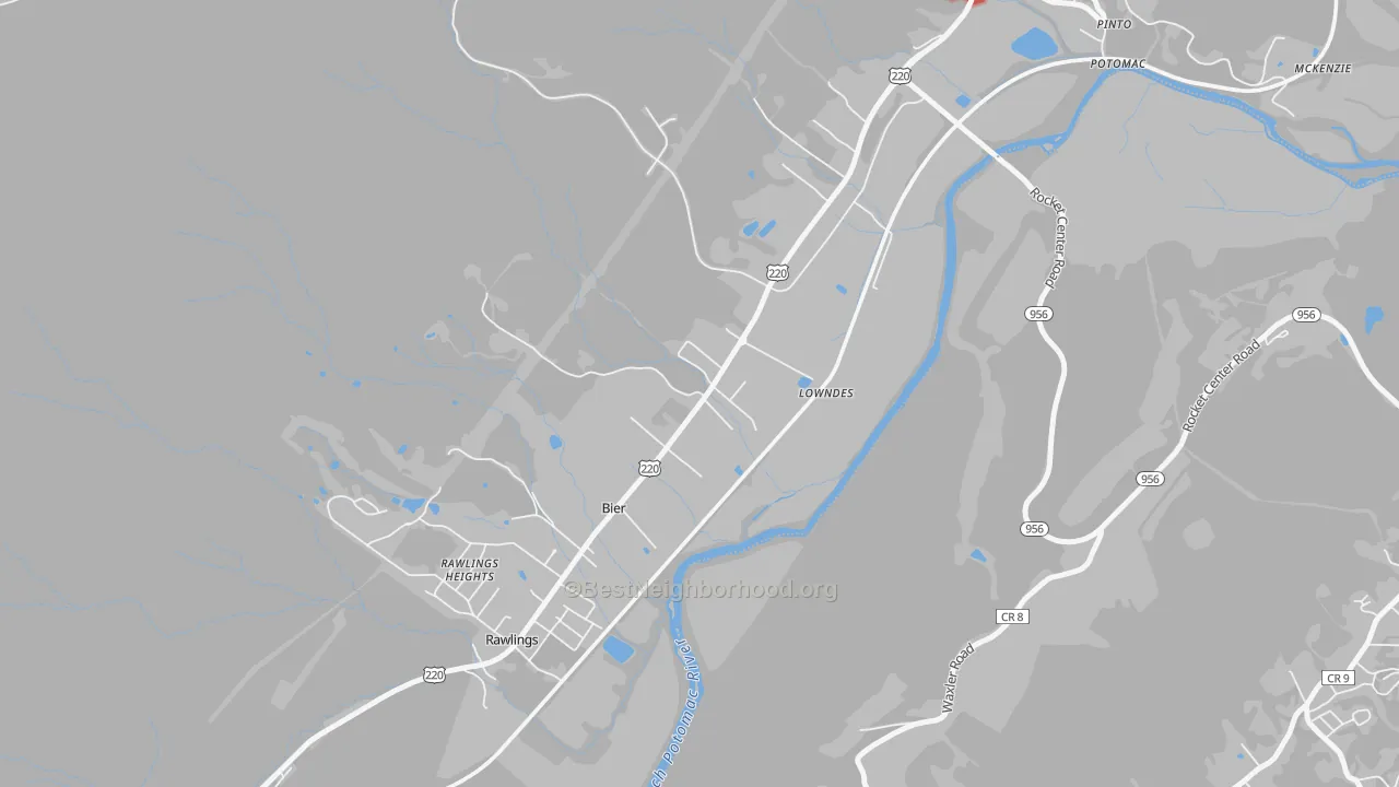 Walk Grade map of Bier, MD, walkable areas in green and car-dependent areas in red