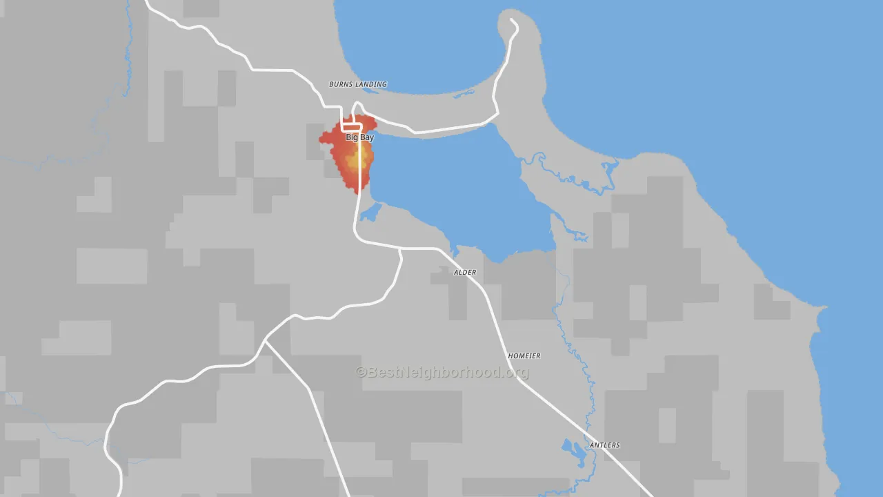 Walk Grade map of Big Bay, MI, walkable areas in green and car-dependent areas in red