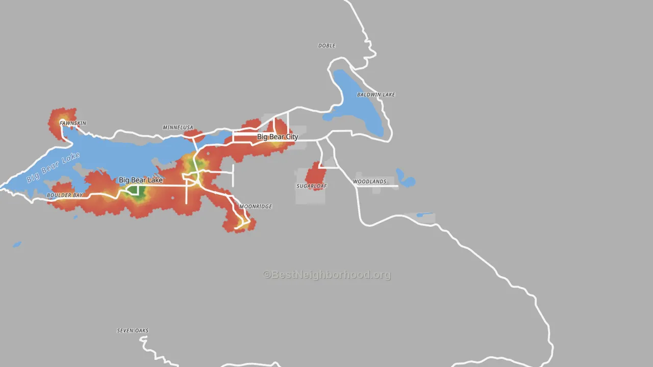 Walk Grade map of Big Bear, CA, walkable areas in green and car-dependent areas in red