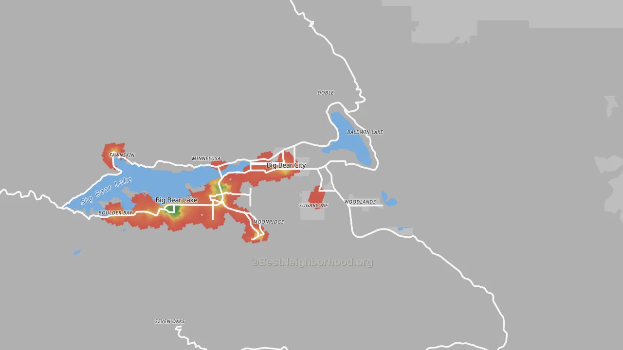 Walk Grade map of Big Bear City, CA, walkable areas in green and car-dependent areas in red