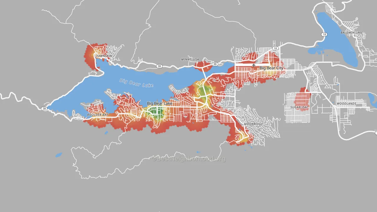 Walk Grade map of Big Bear Lake, CA, walkable areas in green and car-dependent areas in red