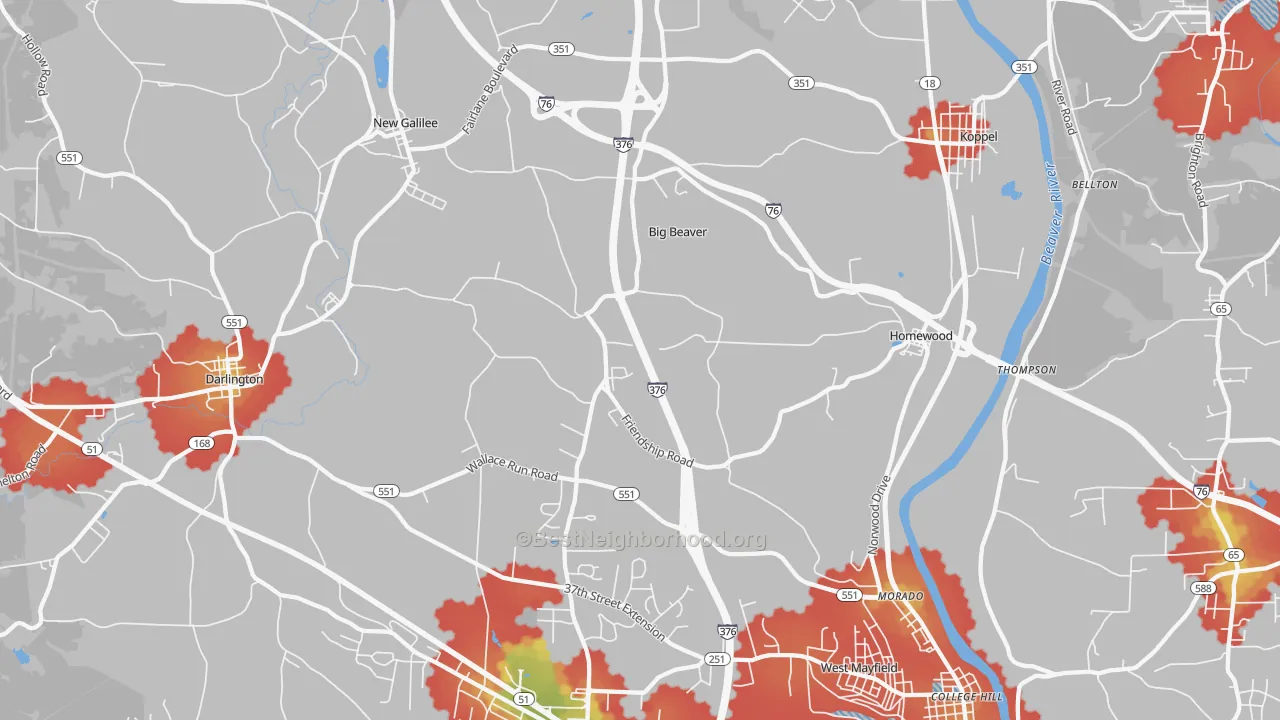 Walk Grade map of Big Beaver, PA, walkable areas in green and car-dependent areas in red