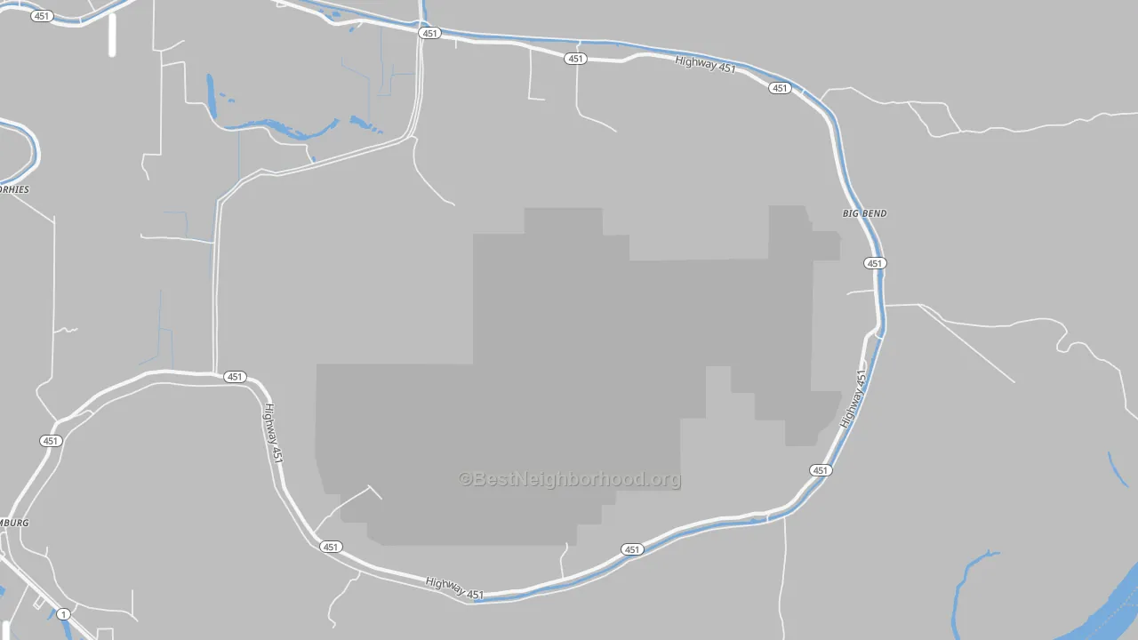 Walk Grade map of Big Bend, LA, walkable areas in green and car-dependent areas in red
